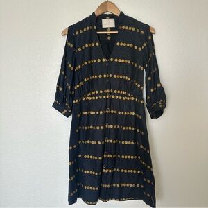 Postmark by Anthropologie Navy Silk Blend  Dress with Gold Coin Design